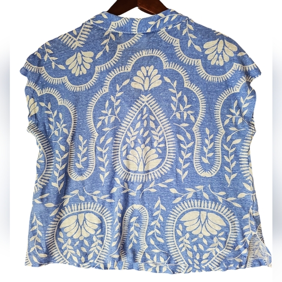 Joie Women's Cap Sleeve Blue White Floral Print Linen Collared Top Size L - Picture 2 of 8